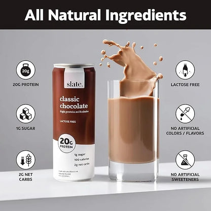 Slate Milk - High Protein Milk Shake - Classic Chocolate - Lactose Free, 20g Protein, 1g Sugar, 100 Calories, 2g Net Carbs...