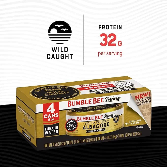 Bumble Bee Prime Solid White Albacore Tuna in Water, 5 oz Cans (Pack of 4) - Premium Wild Caught Tuna - 32g Protein per Se...