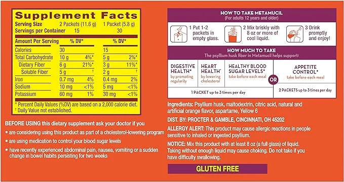 Metamucil On-The-Go, Psyllium Husk Fiber Supplement, 4-in-1 Fiber 30 Count 2 Packs (60 Count
