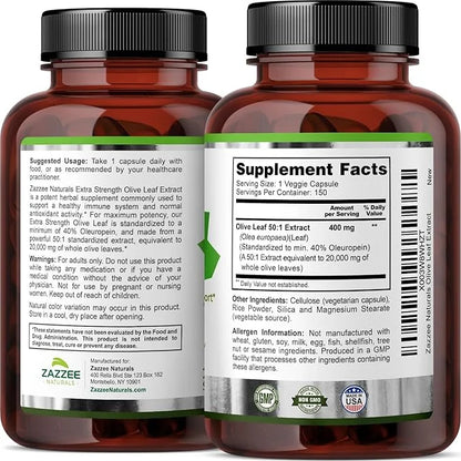 Zazzee Extra Strength Olive Leaf 50:1 20,000 mg 40% Oleuropein, 150 Vegan 5 Month 50X Extract, 100% Vegetarian,