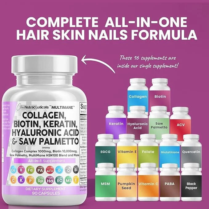 Collagen Pills 1000mg Biotin 10000mcg Keratin 2500mg Hyaluronic 90 Count