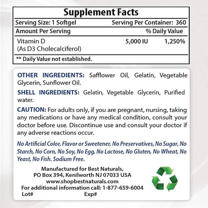 Best Naturals Vitamin D3 5000 IU 360 Softgels