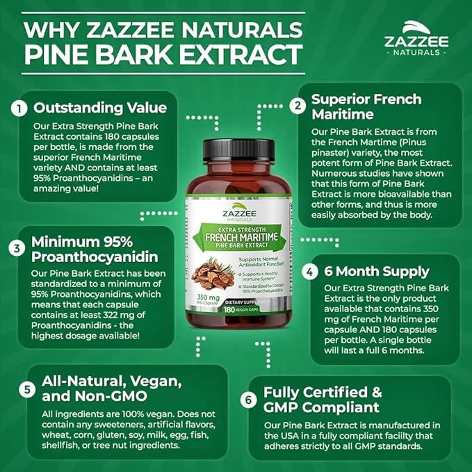 Zazzee Extra Strength French Maritime Pine 350 mg 180 Vegan 95% Proanthocyanidins, 6 Month