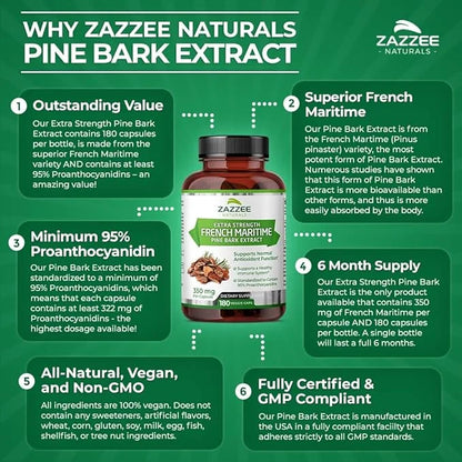 Zazzee Extra Strength French Maritime Pine 350 mg 180 Vegan 95% Proanthocyanidins, 6 Month