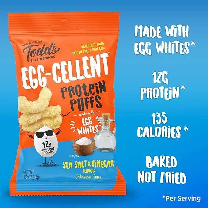 Todd's Better Snacks Egg-Cellent Protein Puffs, Sea Salt & Vinegar, 1.2 Oz (Pack of 10), Made with Egg Whites, 12g Protein...