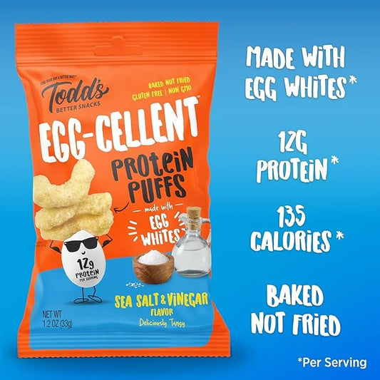 Todd's Better Snacks Egg-Cellent Protein Puffs, Sea Salt & Vinegar, 1.2 Oz (Pack of 10), Made with Egg Whites, 12g Protein...