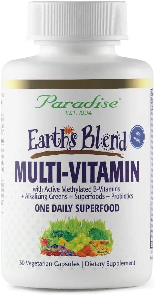 Paradise Herbs Earth's Blend Once Daily Multivitamin for Men, No Iron, 48 Organic Superfoods, Probiotics, Antioxidants, Vi...