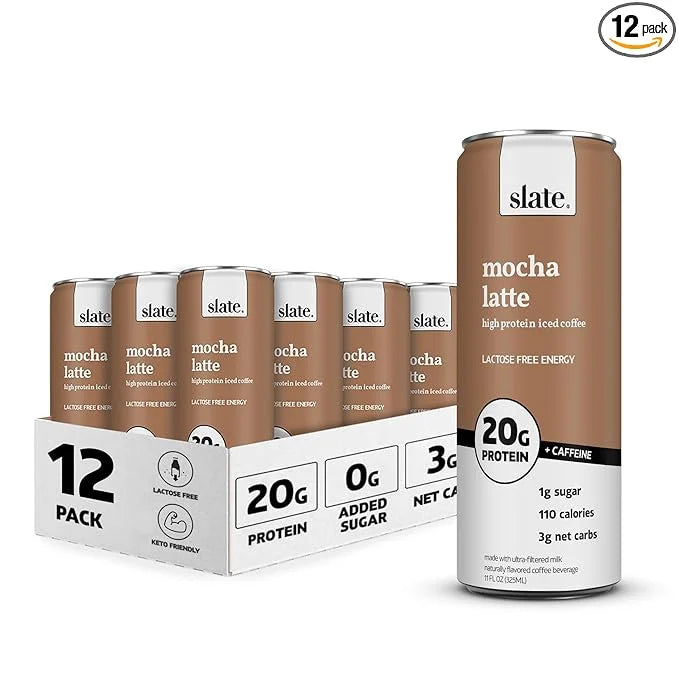 Slate Milk - High Protein Iced Coffee - Mocha Latte - 175mg Caffeine, Lactose Free Energy - 20g Protein, 1g Sugar, 110 Cal...