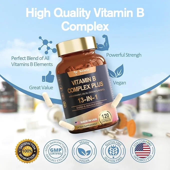 13-in-1 Vitamin B Complex Plus B1, B2, B2, B3 B3 (Niacinamide), B4, B5, B5, B6, B6, B7 B7 (Biotin), B8 (Inositol), B9 (Fol...
