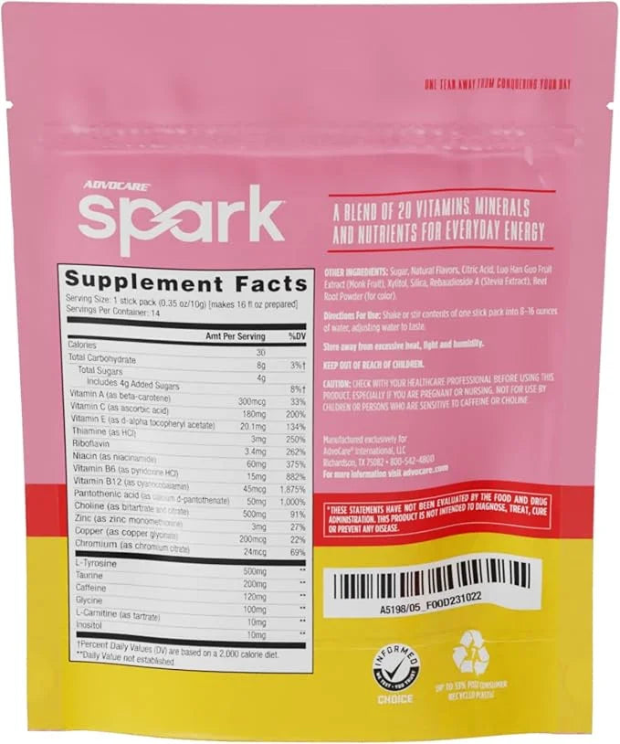 AdvoCare Spark Vitamin & Amino Acid Supplement - Sugar-Free Focus & Energy Drink Powder with Vitamins A, C, E & B-12 - Ras...