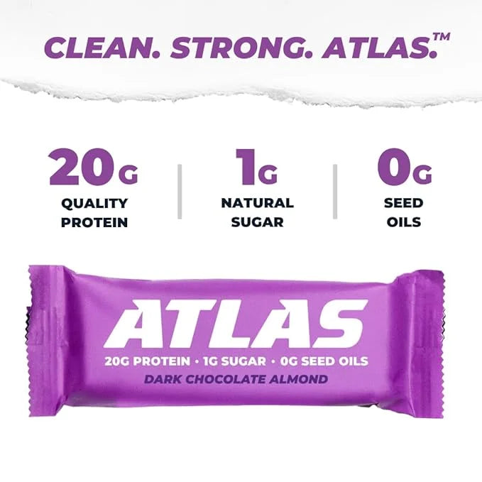 Atlas Protein Bar, 20g Protein, 1g Sugar, Clean Ingredients, Gluten Free (Dark Chocolate Almond, 12 Count (Pack of 1)) - P...