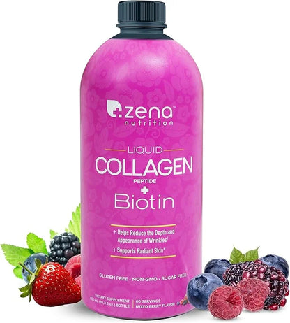 Zena Nutrition Liquid Collagen Peptide + Biotin 2500mg Verisol 5000mcg Biotin 60 Servings, 20.3 FL