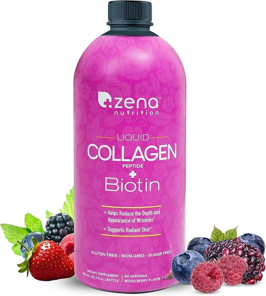 Zena Nutrition Liquid Collagen Peptide + Biotin 2500mg Verisol 5000mcg Biotin 60 Servings, 20.3 FL
