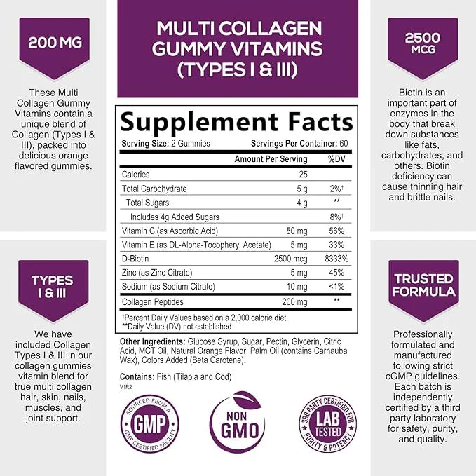 Collagen Gummies with 2500mcg Biotin, Vitamin 1 & 3 Collagen 120 Count