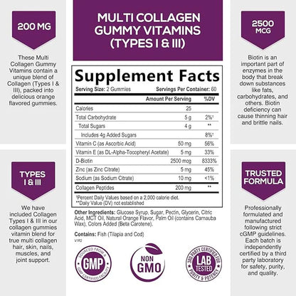 Collagen Gummies with 2500mcg Biotin, Vitamin 1 & 3 Collagen 120 Count