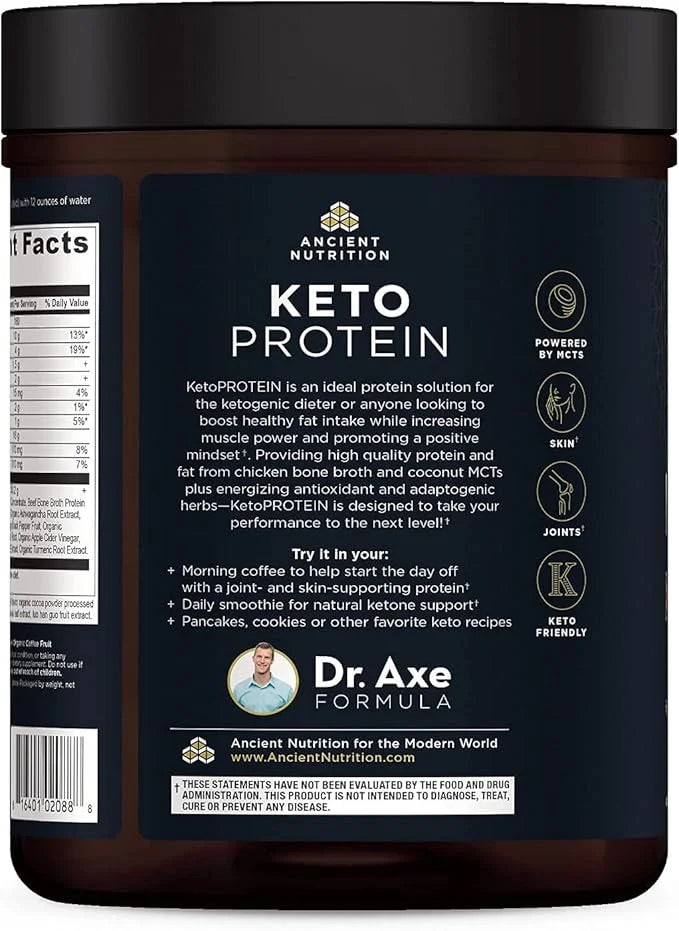 Ancient Nutrition Keto Protein Powder, KetoPROTEIN with Fats from Bone Broth and MCT Oil, Chocolate, 18g Protein 10g Fat P...