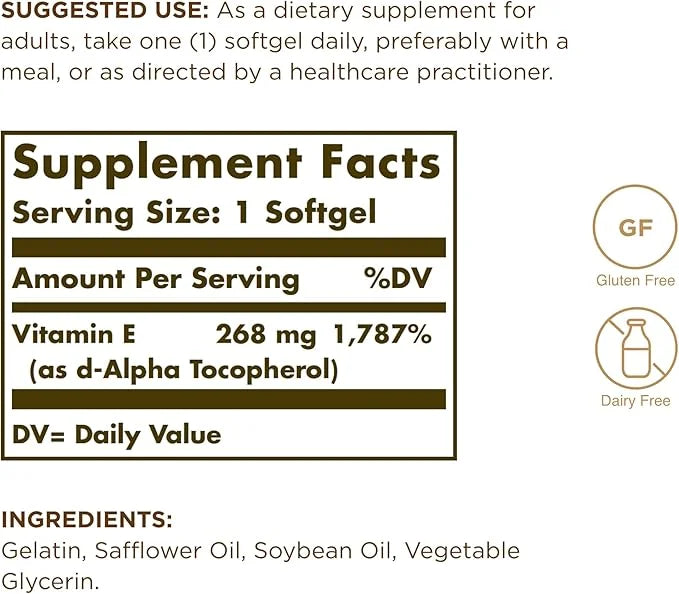 SOLGAR Vitamin E 268 mg (400 IU) 250 Softgels 250 Servings