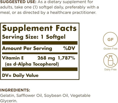 SOLGAR Vitamin E 268 mg (400 IU) 250 Softgels 250 Servings