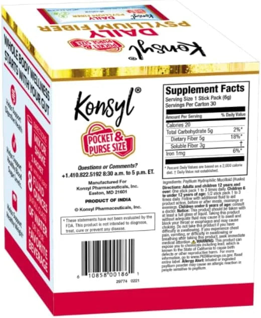 Konsyl Daily Psyllium Fiber Stick Packs 30 Packets