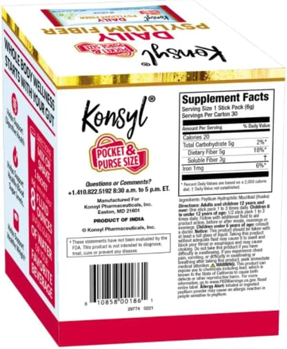 Konsyl Daily Psyllium Fiber Stick Packs 30 Packets