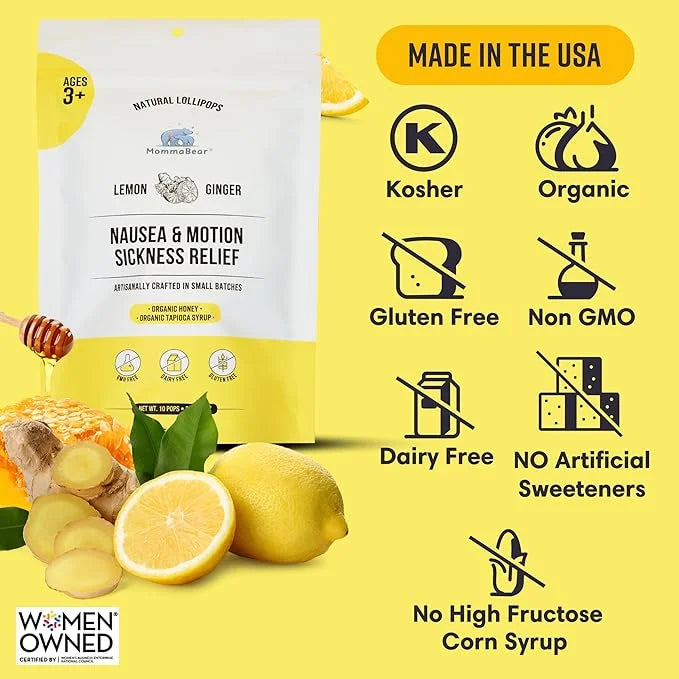 MommaBear Motion Sickness Lollipop - Natural Lollipops with Organic Honey, Lemon & Ginger - Stomach Upset Suckers for Adul...