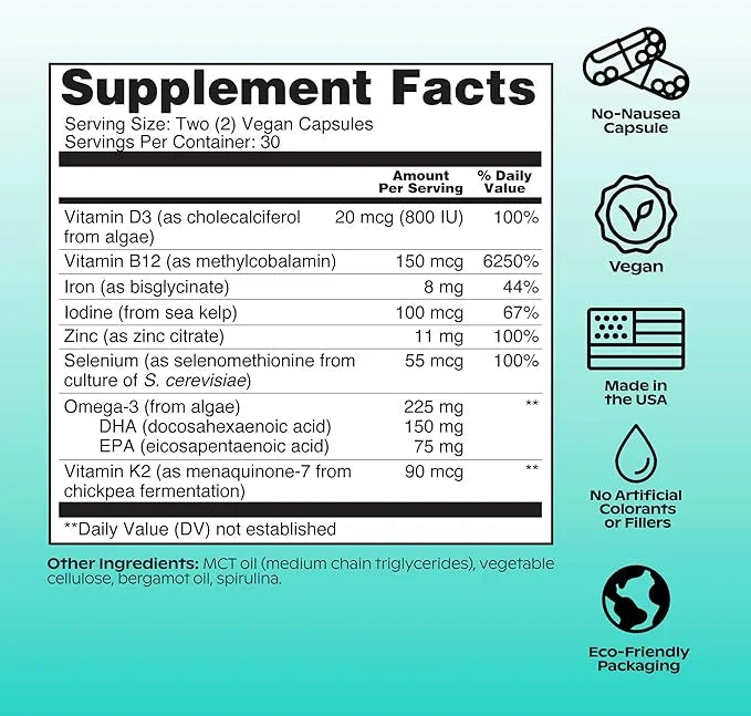 wholier Plant Based Multivitamin Vegan Omega-3 B12, Zinc, K2, Iron, 60 Count (30-Day Supply)