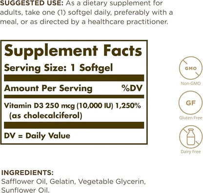 SOLGAR Vitamin D3 (Cholecalciferol) 250 MCG (10,000 IU), 120 Softgels 2 Pack 120 Servings