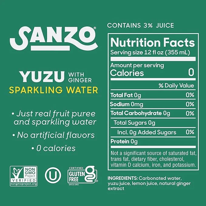 Sanzo Flavored Sparkling Water - Yuzu (Lemon) 12-Pack - Carbonated Drink Made with Real Fruit & Sugar-Free - Non-GMO, Glut...