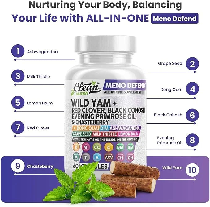 Clean Nutra Wild Yam Root Capsules with Red Clover Black Cohosh Evening Primrose Oil Chasteberry Dong Quai DIM Ashwagandha...