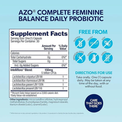 AZO Complete Feminine Balance Daily Probiotics for Women, Clinically Proven to Help Protect Vaginal Health, balance pH and...