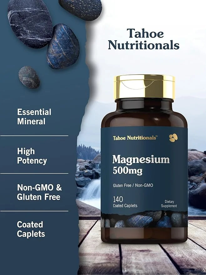 Tahoe Nutritionals Magnesium | 500mg | 140 Coated Caplets | Non-GMO and Gluten Free Supplement - Product Image