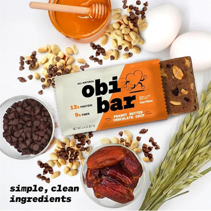 Obi Bar Peanut Butter Chocolate Chip - Protein and Oat Fiber Bar | All Natural | Subtle and Lightly Sweet Taste | Meal Bar...