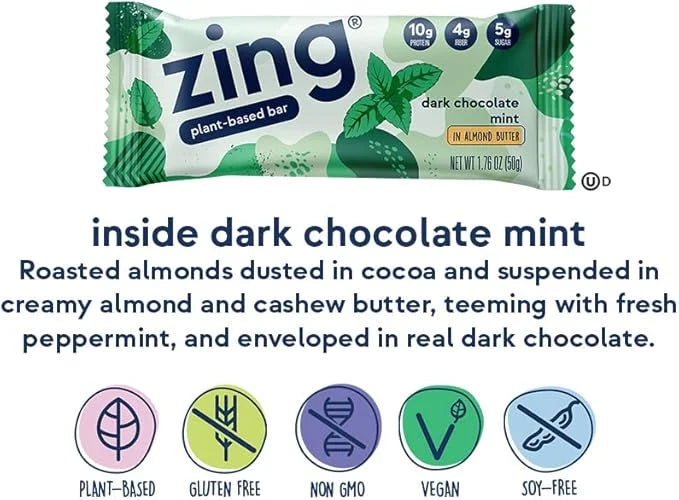 Zing Dark Chocolate Mint Vegan Protein Bars, Gluten Free with High Protein, High Fiber, Dairy Free Nutrition Bars, Plant B...