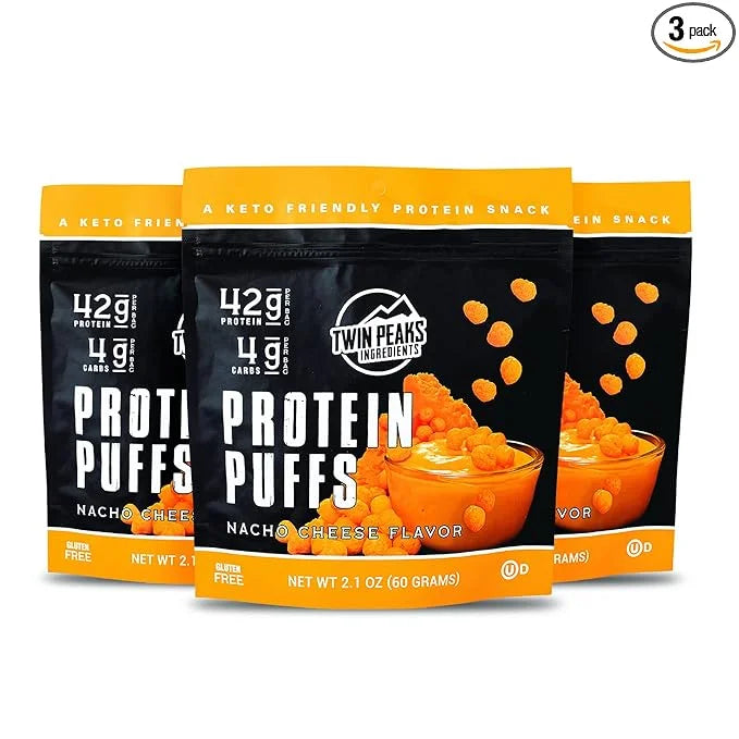 Twin Peaks Low Carb, Keto Friendly Protein Puffs, (Nacho Cheese), 2 Servings, 3 Pack (60g, 42g Protein, 4g Carbs) - Produc...