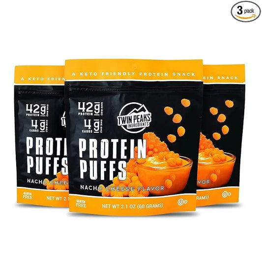 Twin Peaks Low Carb, Keto Friendly Protein Puffs, (Nacho Cheese), 2 Servings, 3 Pack (60g, 42g Protein, 4g Carbs) - Produc...