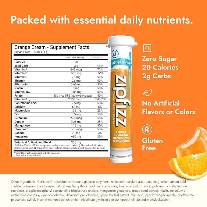 Zipfizz Daily Energy Drink Powder, Orange Cream, 20 Pack | 3-in-1 Sustained Energy, Rapid Hydration, and Essential Vitamin...
