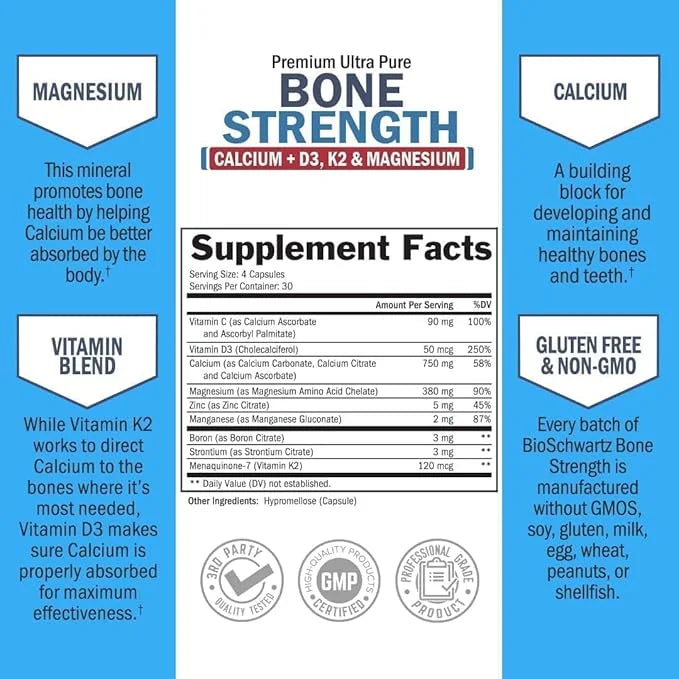 Bone Strength Calcium Supplement D3, K2, K2, C, 8 Bone-Building 120 Veggie