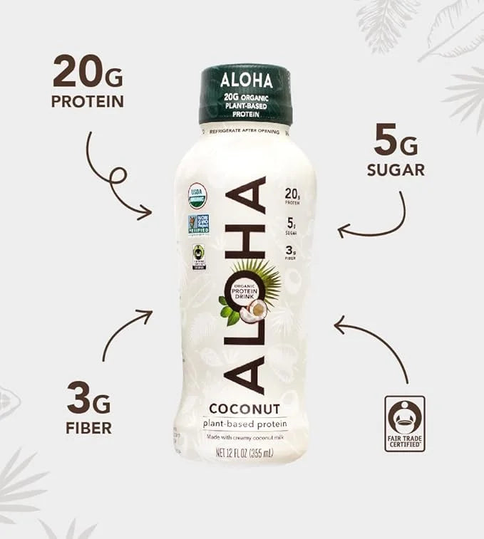 ALOHA Organic Plant Based Coconut Protein Shake w/MCT Oil (12 ct, 12oz Bottle) 20g Protein, Meal Replacement, Low Sugar & ...