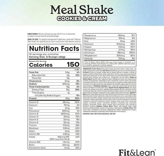 Fit & Lean Meal Shake, Fat Burning Meal Replacement, Meal Replacement with Protein, Fiber, Probiotics and Organic Fruits &...