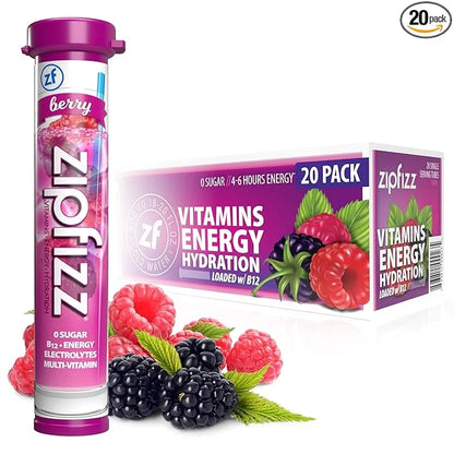 Zipfizz Daily Energy Drink Powder, Berry, 20 Pack | 3-in-1 Sustained Energy, Rapid Hydration, and Essential Vitamins | Sug...
