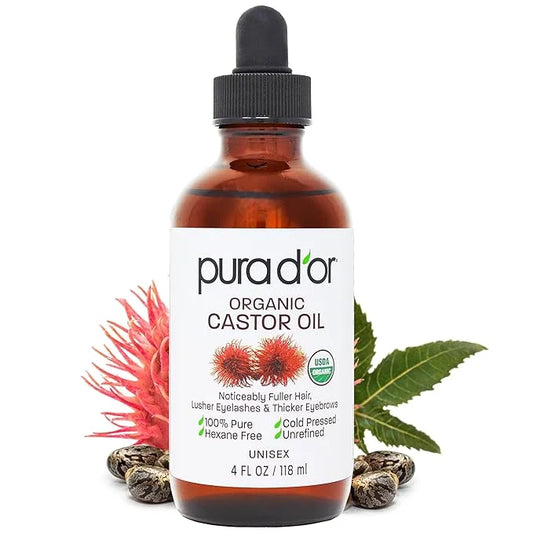 PURA D'OR 4 Oz ORGANIC Castor Oil - 100% Pure USDA Certified Cold Pressed, Hexane Free Eyelash & Eyebrow Serum - For Fulle...