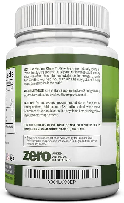 MCT Oil - 3000mg Per Serving - 180 Softgels - Made from 100% Organic Coconuts - Non GMO, Cold Pressed, Paleo Friendly Caps...