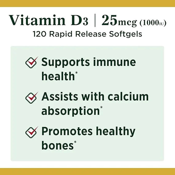 Nature's Bounty Vitamin D3, 1000IU, High 120 Softgels, 4