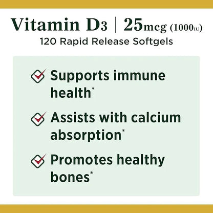 Nature's Bounty Vitamin D3, 1000IU, High 120 Softgels, 4