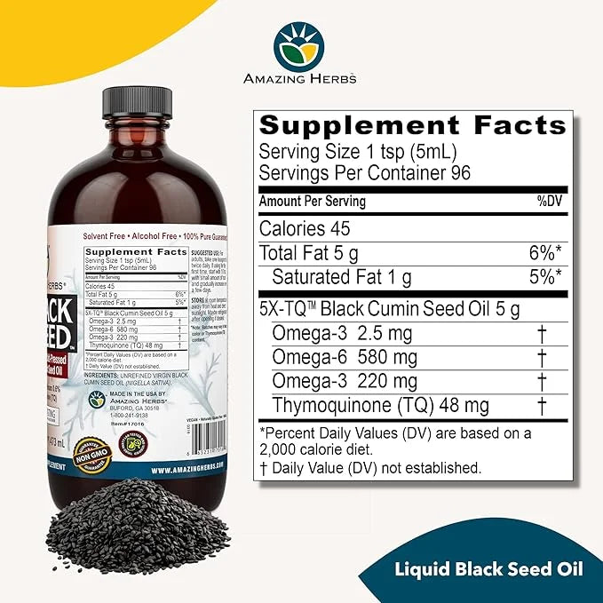 Amazing Herbs Egyptian Black Seed Oil - Gluten Free, Non GMO, Cold Pressed Nigella Sativa Aids in Digestive Health, Immune...