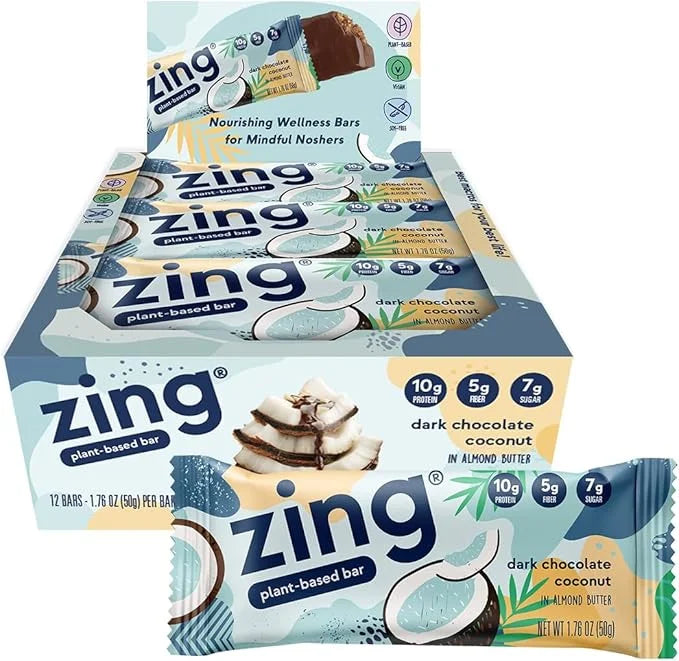 Zing Dark Chocolate Coconut Vegan Protein Bars, Gluten Free with High Protein, High Fiber, Dairy Free Nutrition Bars, Plan...