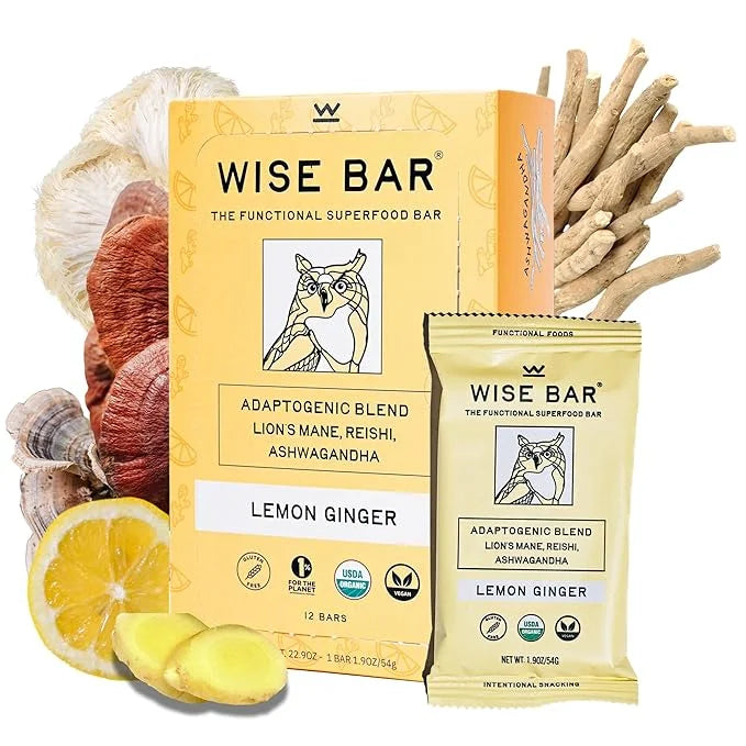 Wise Bar Adaptogen Mushroom Nutrition Bars with Reishi, Lions Mane & Ashwagandha, Organic Vegan & Gluten Free Snacks for N...