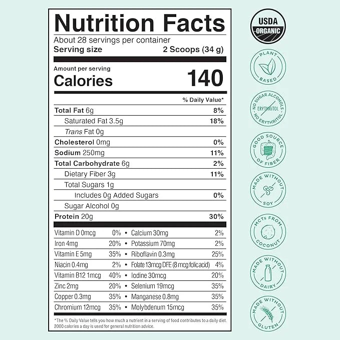 KOS Vegan Protein Powder, Unflavored & Unsweetened 28 Servings