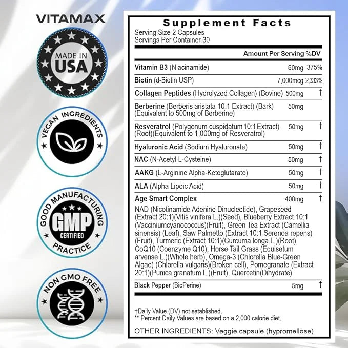 Vitamax Resveratrol NAD+ Berberine Hyaluronic Acid 21-in-1 Women 120 Count