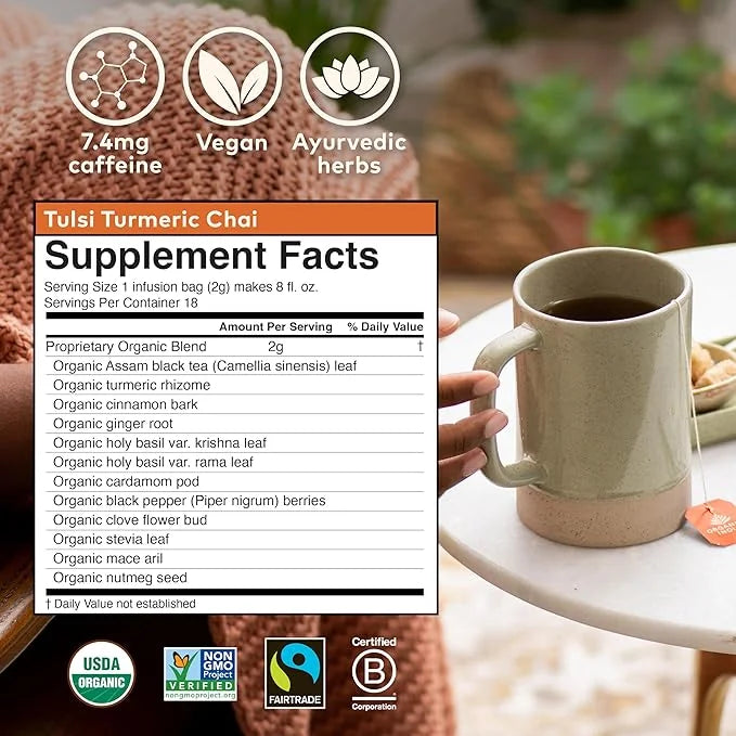Organic India Tulsi Turmeric Chai Tea - Herbal Tea Bags with Caffeine, Ginger Root, Cinnamon, Holy Basil, Stress Relieving...